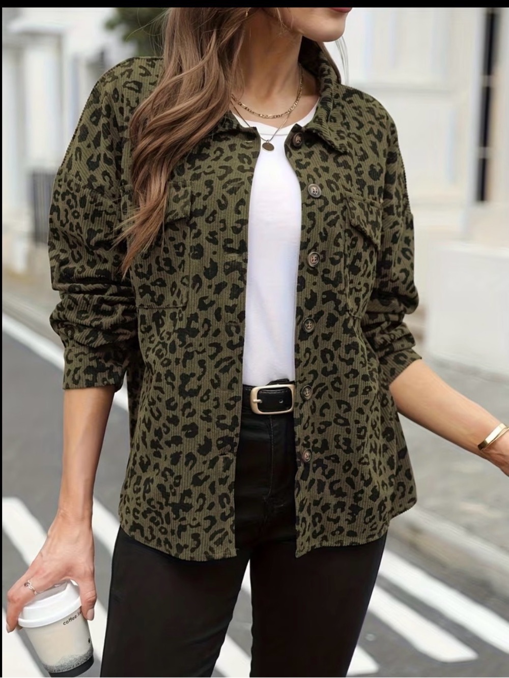 Olive Green and black corduroy Leopard Print Button-Up Jacket Shacket NEW 2X